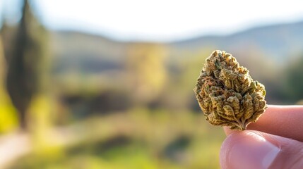 Hand Holding Cannabis Bud Against Beautiful Nature Background