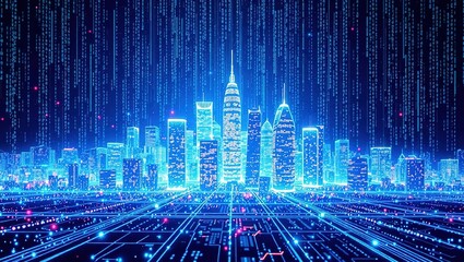 Futuristic City Hologram - Digital Matrix Buildings and Binary Code Network
