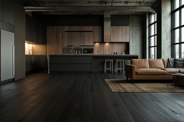 Modern Kitchen and Living Room Design in Industrial Style Apartment