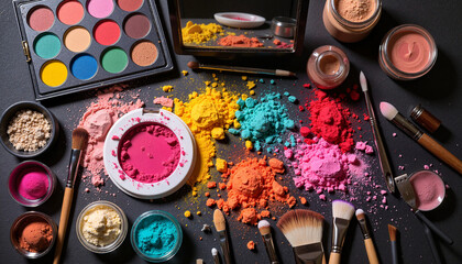 Colorful makeup products arranged artistically on a dark background  