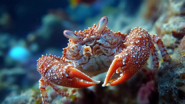Underwater world of a vibrant crab amidst coral reef, showcasing marine biodiversity