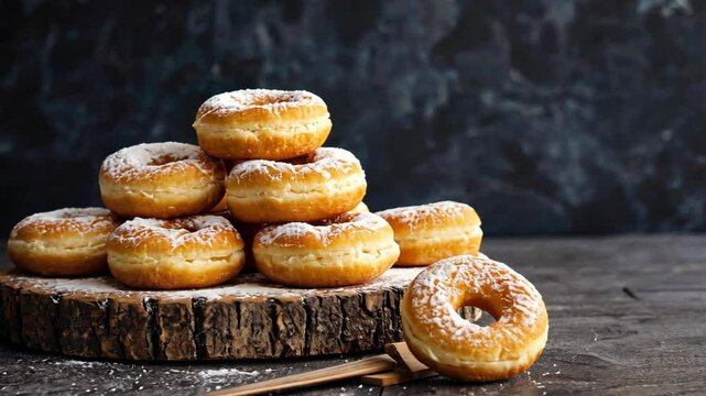 Delicious powdered donuts stacked on rustic wood slice against dark, textured background, sweet treats and tempting pastries