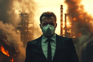 Man in a suit wears mask amidst heavy industrial pollution