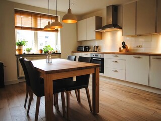 Fototapeta premium Modern Kitchen Interior with Wooden Table and Cozy Atmosphere