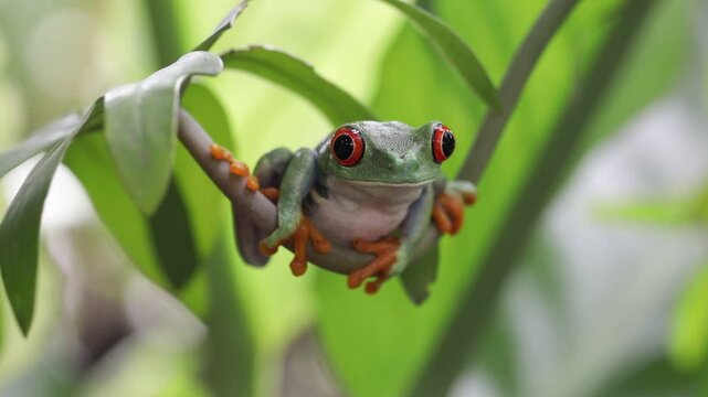 Footage Red-eyed tree frog closeup on branch, Red-eyed tree frog (Agalychnis callidryas) closeup, Green tree frog footage