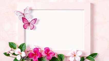 Elegant Pink and White Marble Frame with Butterflies and Impatiens