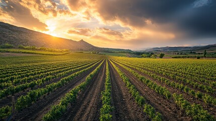 Vibrant Cannabis Field Under Dramatic Sunset Sky