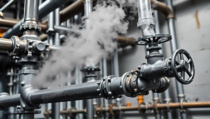 Fototapeta premium Industrial Steam Pipes and Valves, Engineering Equipment, Close-up View