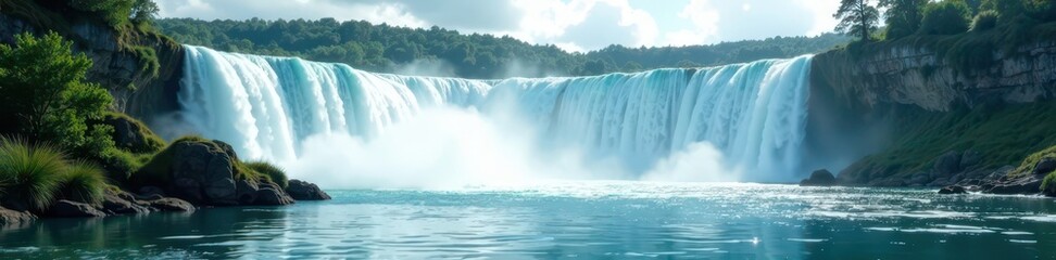 Cascading waterfalls in a vast lake Majestic, powerful water flow , texture, travel