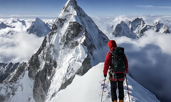 Climber on snow-capped mountain peak summit.