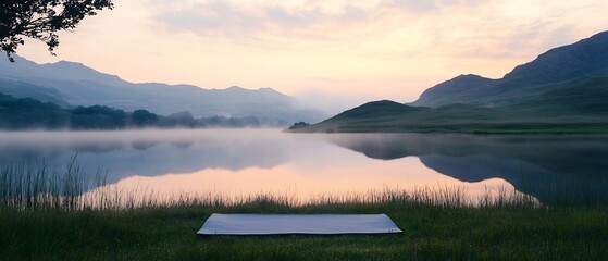 Tranquil outdoor scene dawn featuring solitary yoga mat spread over dewy grass near calm lake Misty mountains soft pastel sky serve serene backdrop evoking mindfulness renewal with no visible model