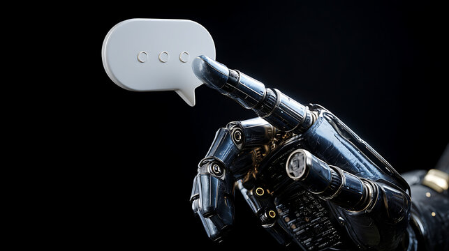 A robot hand interacting with a speech bubble, representing communication and artificial intelligence.