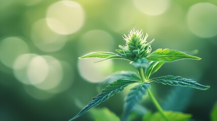 Fresh cannabis plant with buds in soft focus on green background