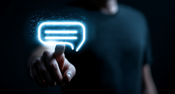 The glowing message bubble. Man's finger touching message bubble and concept. Capturing instant connection and digital communication with a single touch.