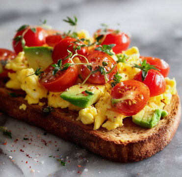 Healthy brunch scene featuring avocado slices, fluffy scrambled eggs, and cherry tomatoes on toasted bread. Great for nutrition content or breakfast menu visuals.

