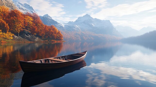 Serene autumn lake landscape with rowboat and majestic mountains sky red calm fall wood blue view