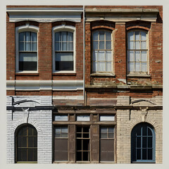 Naklejka premium historic building, dramatic transformation, before and after restoration, crumbling facade, with faded, weathered brick