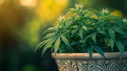Inviting Cannabis Plant in Decorative Pot on a Sunny Day