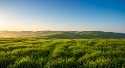 Fototapeta premium Rolling green hills at sunrise under a clear blue sky offering peaceful scenery