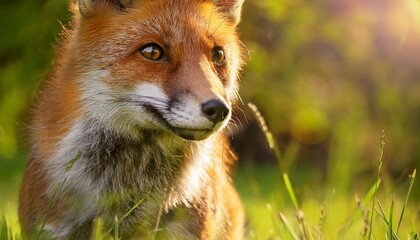 Red Fox Portrait in Lush Green Meadow on Sunny Day Wildlife Scene