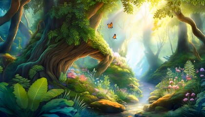 Enchanted Forest Stream with Sunlight and Butterflies in a Lush Scene
