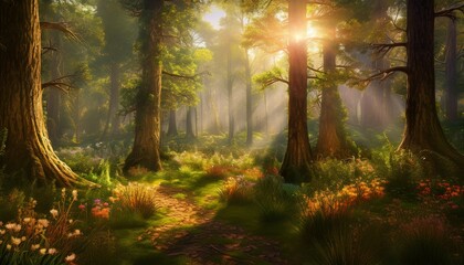 Sunlight streams through majestic trees in a lush, vibrant forest path
