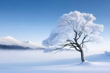 Solitary Tree Standing in Snowy Winter Landscape