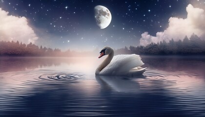 Majestic swan gracefully swimming on a serene lake under the moonlight