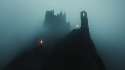 Obraz premium mysterious castle shrouded in fog, perched on rocky peak, evokes sense of intrigue and wonder