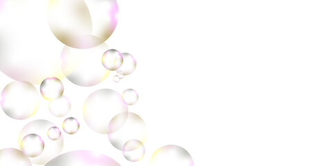 gradian bubbles. Abstract, white transparent and soap bubbles floating in the air. Design soap bubbles on a white background. with circles. Banner pattern with copy space illustration.