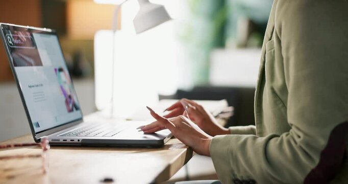 Laptop, screen and article woman at desk for website, online and internet for research. Technology, scroll and read and hands for female person, creative or writer information for project or deadline