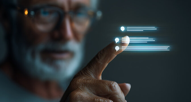 Senior man interacts with futuristic interface, fingertip activating digital elements.