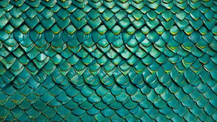 Abstract background of shimmering teal scales overlapping in a repeating pattern with subtle golden highlights, creating a textural design.