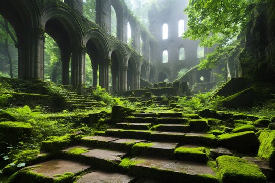 Mysterious ancient abbey ruins being overtaken by nature in a foggy forest