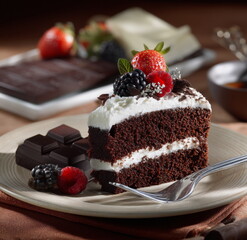 Slice of decadent chocolate cake with cream layers, garnished with blueberries, strawberries, and redcurrants — ideal for patisserie visuals and celebration themes.

