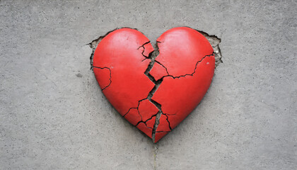 Cracked red heart. Breakup, failure, falling in love.