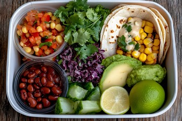 Delicious mexican meal prep with tacos, guacamole, pico de gallo, beans, cucumber, red cabbage, lime and coriander