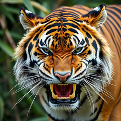 Obraz premium Angry Liger Closeup, Ferocious Big Cat, Wildlife Photography, Teeth, Jungle, Nature, Wild Animal Portrait