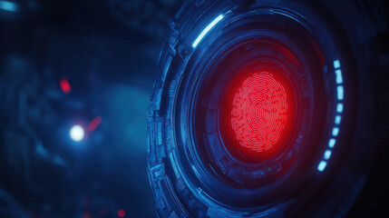 close up shot of high tech fingerprint scanner with glowing red light, showcasing advanced