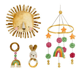 Watercolor illustration with children's toys-lion's head, textile toy - bunny, macrame Rainbow baby mobile. Scandinavian decor.