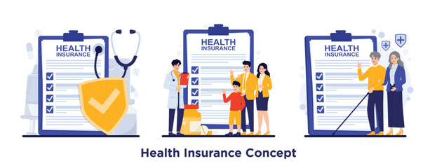 Vector set of health insurance concept with life family insurance checklist, doctors, patients, and protection symbols in flat design