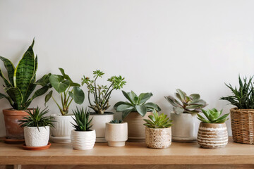 Indoor Plant Display on Wooden Shelf