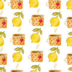 Watercolor seamless pattern with  cup of tea, and lemons. Hand drawn cute background for kitchen textiles, wrapping paper, cafe.