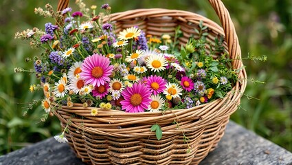 Rustic Garden Basket Filled with Wildflowers and Greenery, Perfect for Home Decor