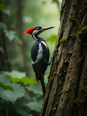 Fototapeta premium Rare Ivory Billed Woodpecker Clinging to Ancient Swamp Forest Tree Trunk Its Striking Black and White Plumage Standing Out in the Lush Verdant Environment