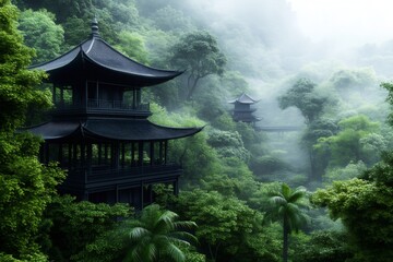 Traditional chinese wooden pagoda rising in the misty rainforest