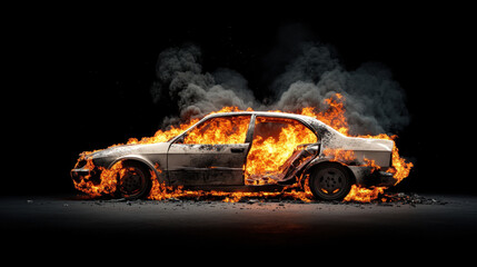 vintage car engulfed in flames, showcasing destructive aftermath of fire. intense heat and smoke create dramatic scene, highlighting chaos and loss associated with such incidents