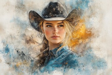 Fototapeta premium Watercolor portrait of a beautiful woman wearing a cowboy hat