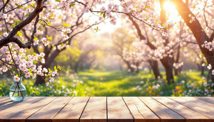Spring and wooden table background. Spring flowers and wooden table for product display HD backdrop. Beautiful spring flowers and wooden table HD wallpaper