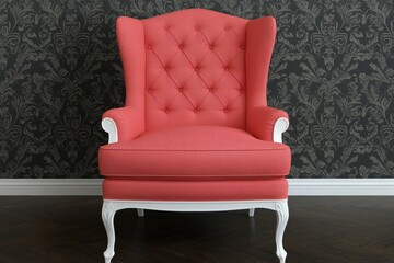 Elegant Coral Armchair on Dark Floral Wallpaper Background